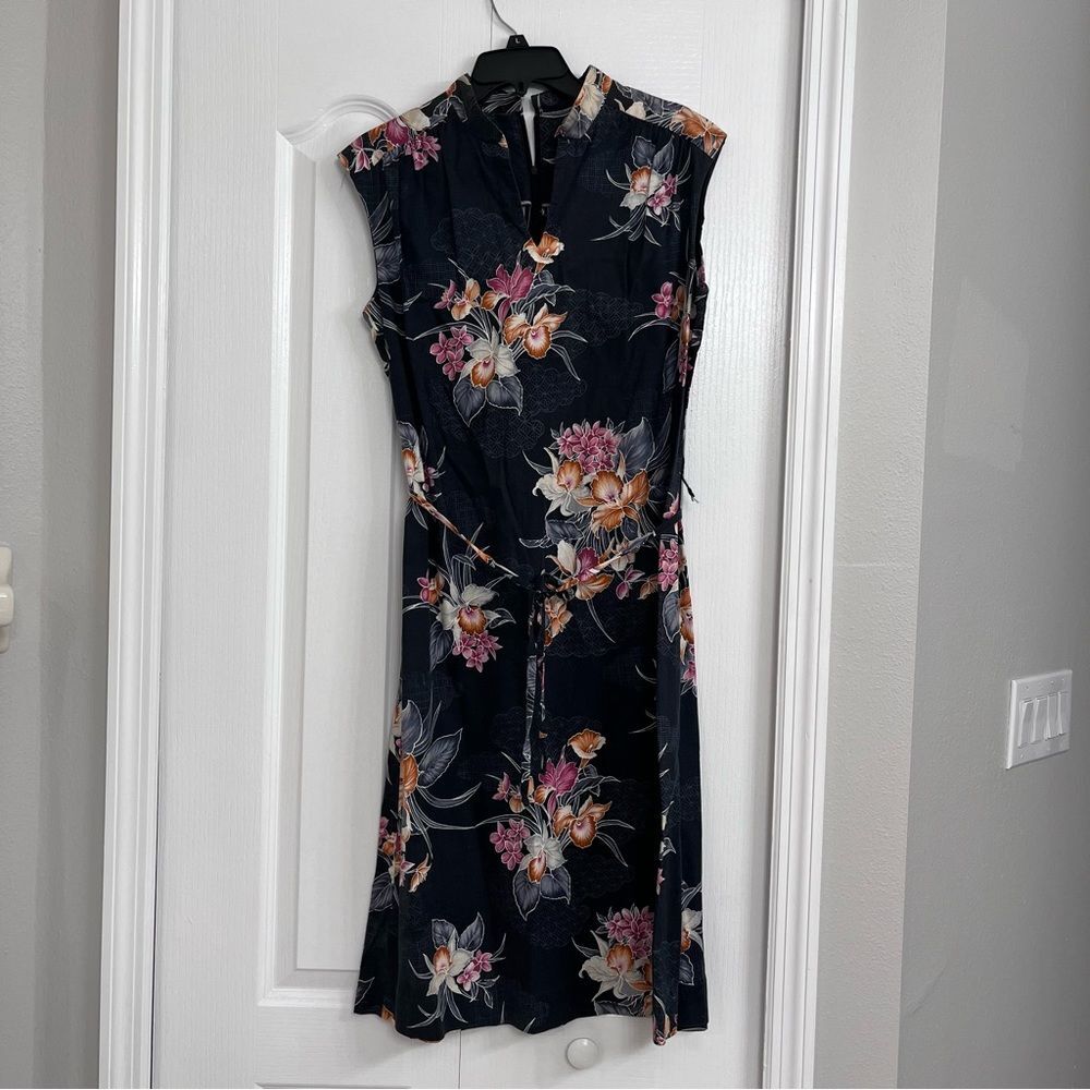 VTG Hilo Hattie womens vintage cap sleeve floral midi dress with belt black 14